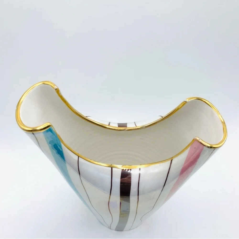 Vintage MCM Italian Iridescent Striped Vase with Gold Trim – 8.5”